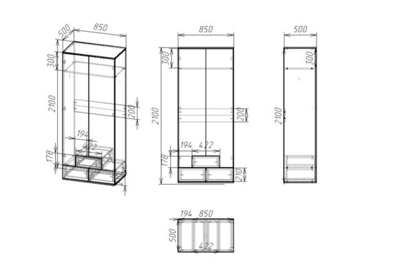 Чертеж распашного шкафа с размерами